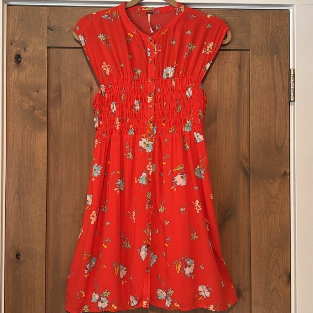 Free People "Greatest Day" Smocked Button-Down Floral Mini Dress Womens XS Boho